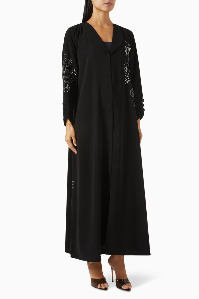

Bead & Thread Embellished Abaya in Crepe, Black