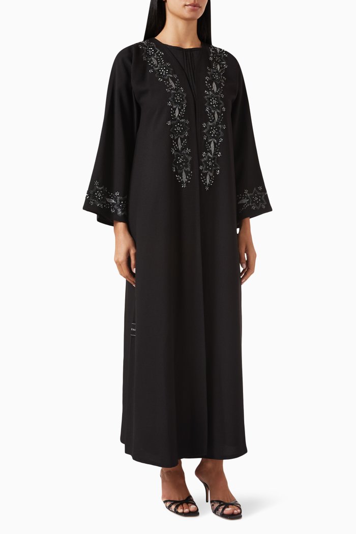 

Beads & Thread Embellished Abaya Set in Mixed Crepe, Black