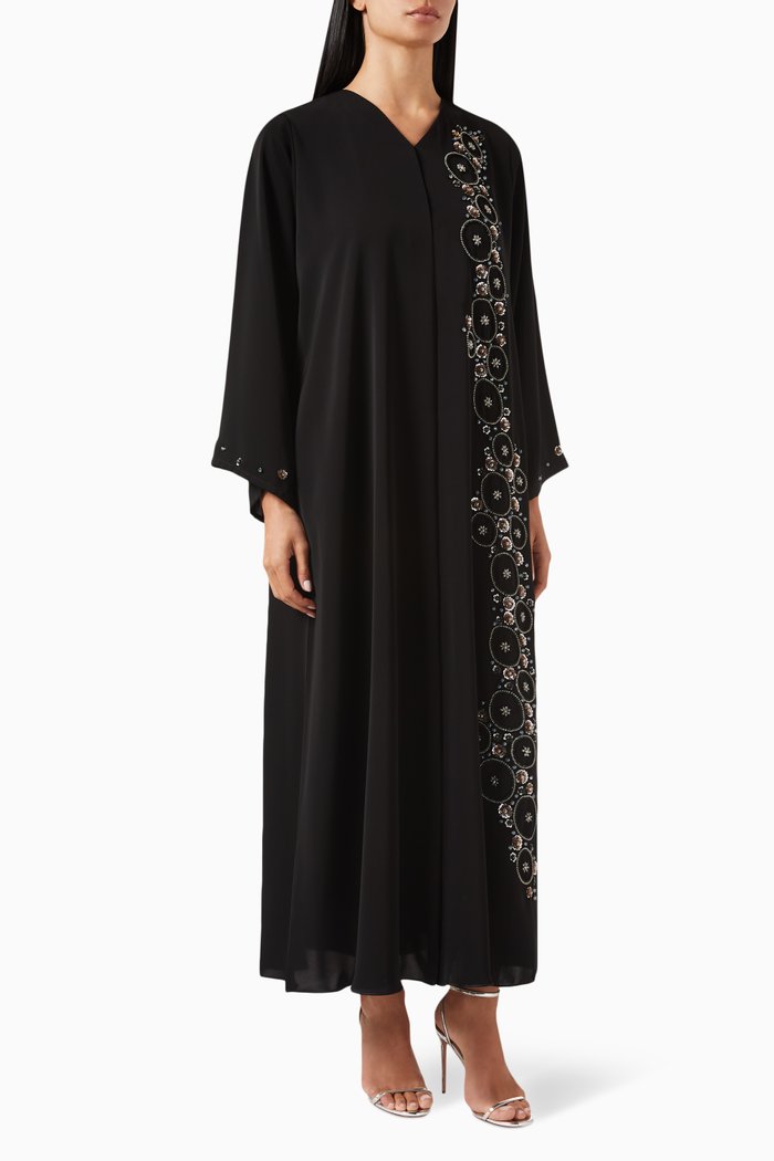 Bead Embellished Flared Abaya in Nada, Black