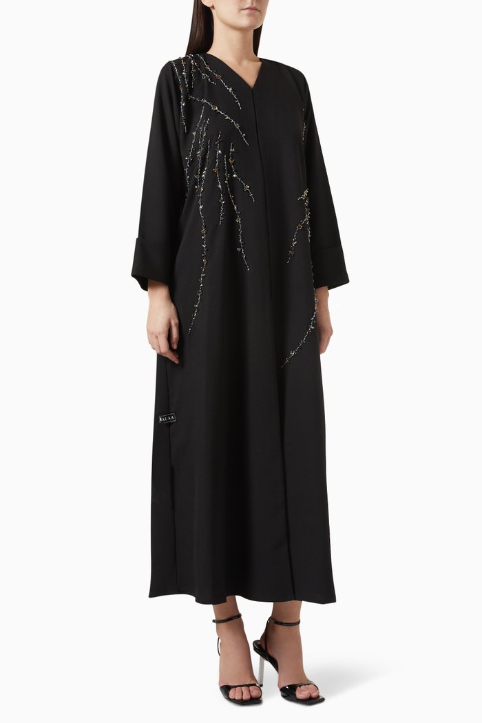 

Multi Bead & Crystal Embroidered Abaya in Mixed Linen, Black