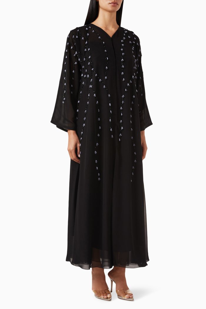 

Tassel & Bead Embellished Abaya in Tulle & Chiffon, Black