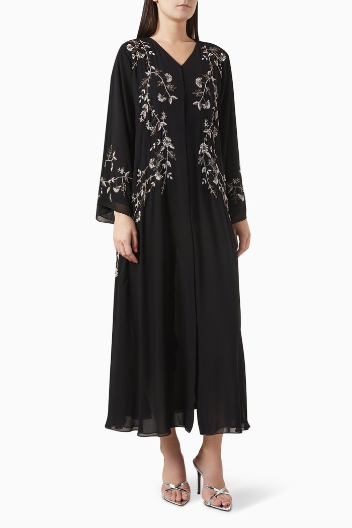 

Bead Embellished Abaya in Double Chiffon, Black