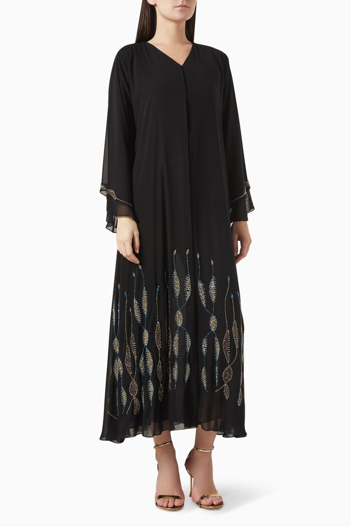 Bead Embroidered Abaya in Chiffon, Black