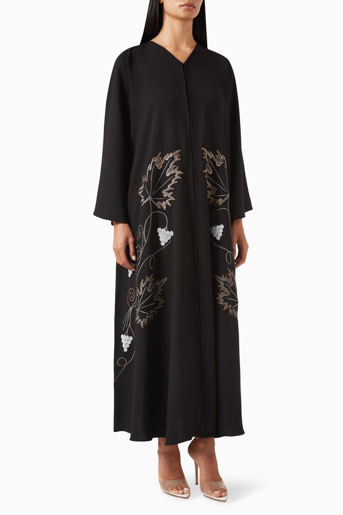 

Thread & Pearl Embroidered Abaya in Mixed Crepe, Black