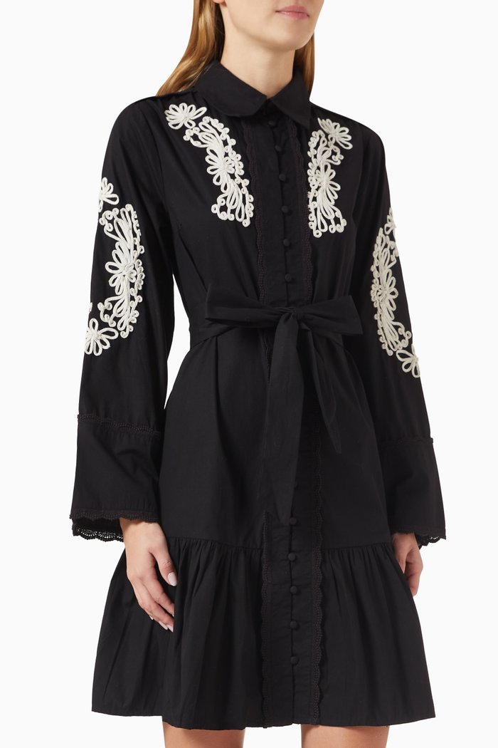 

Yastapela Embroidered Mini Shirt Dress in Organic-cotton, Black