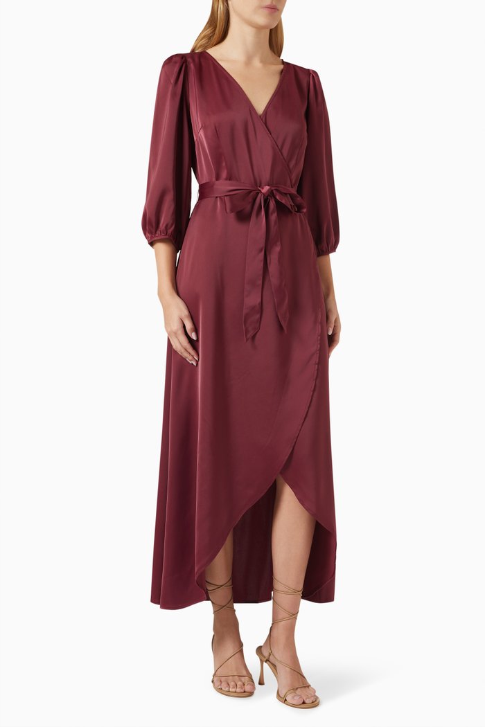 

Yaskandi Belted Midi Dress in Satin, Burgundy