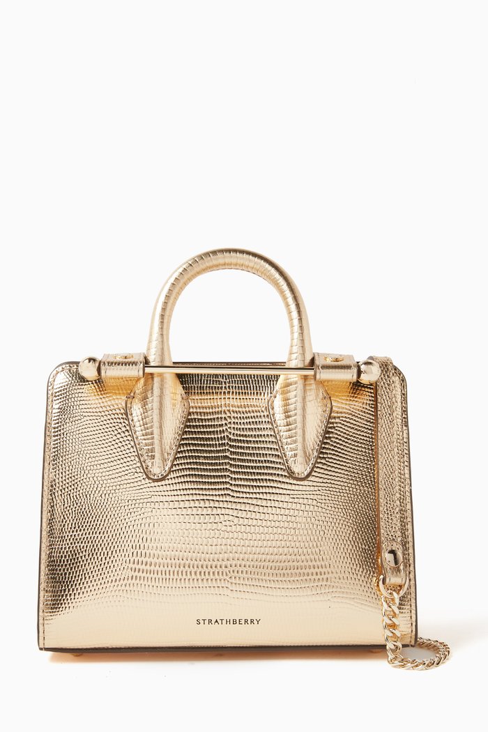 Nano Tote Bag in Lizard Embossed Leather, Gold