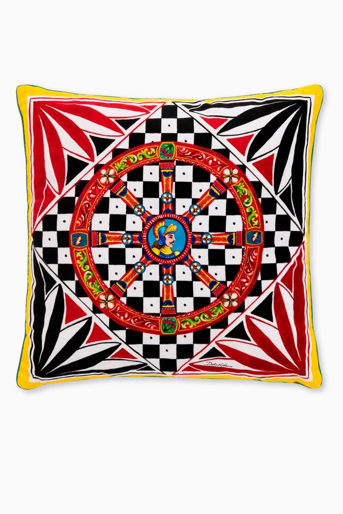 Small Carretto Siciliano-print Cushion in Velvet, Multicolour