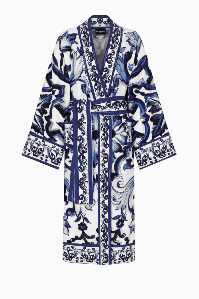 

Unisex Blu Mediterraneo-print Bathrobe in Cotton-terry, Blue