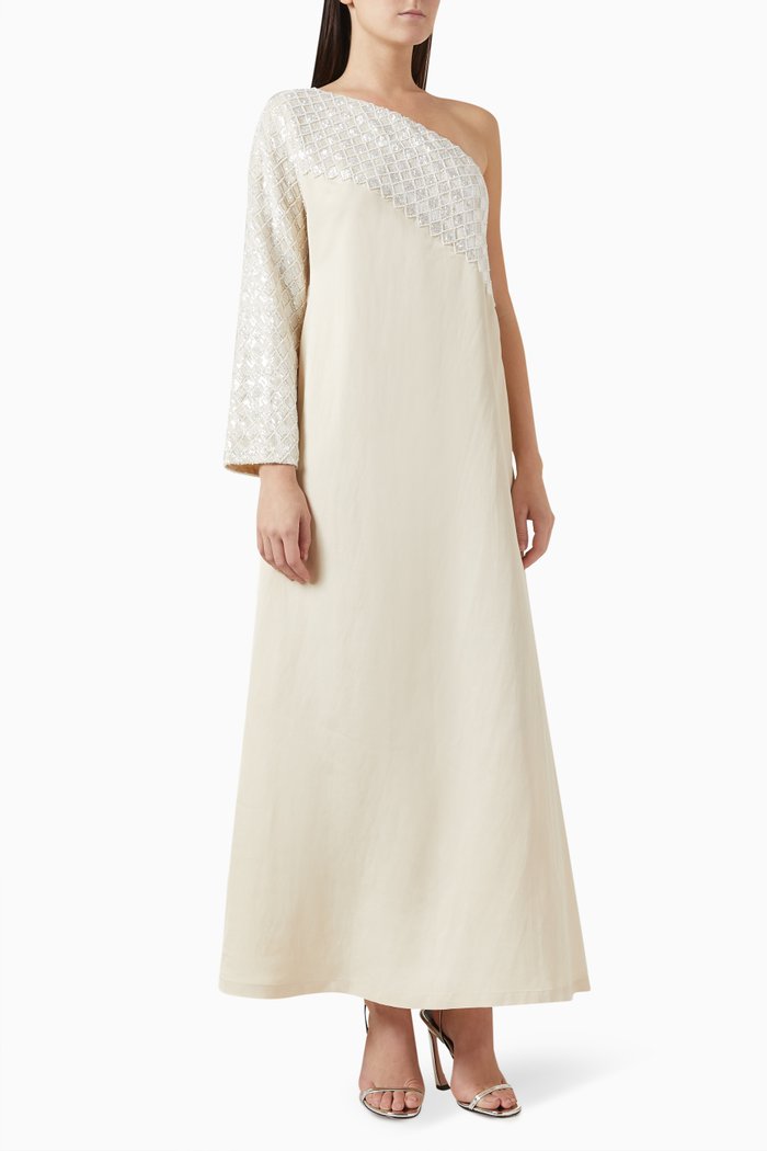 

Embellished One-shoulder Maxi Dress in Cotton & Silk, Neutral