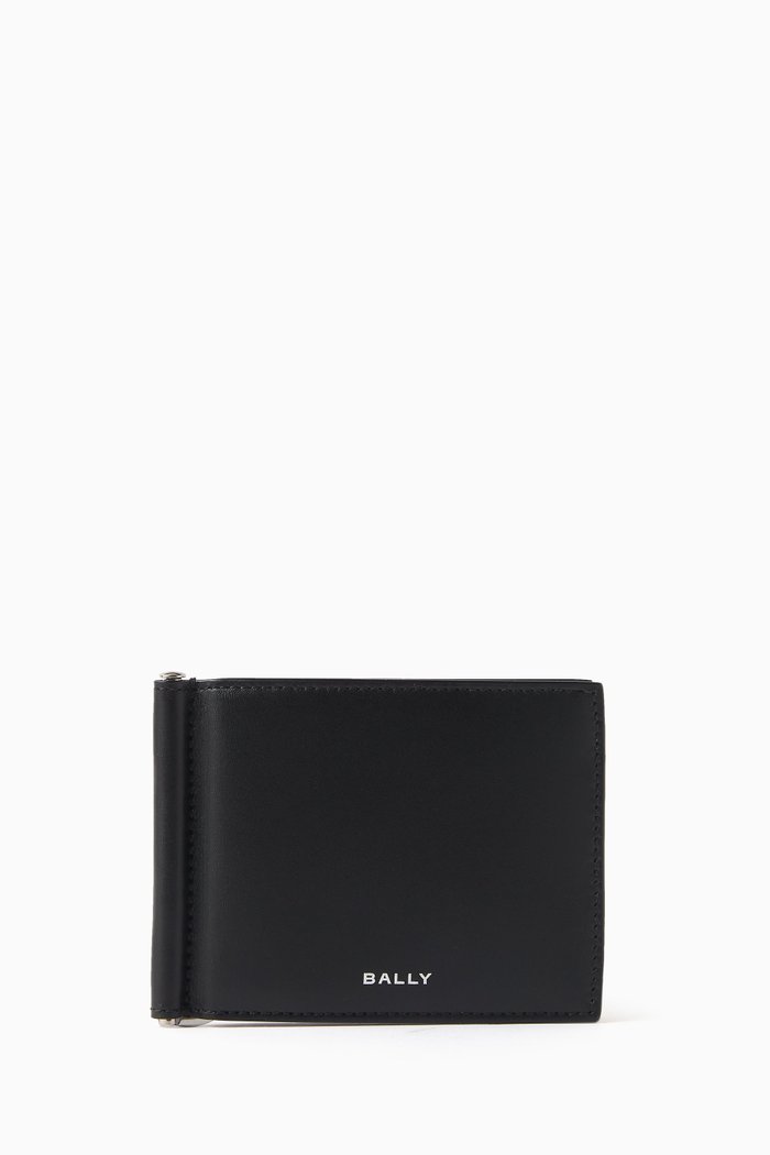 

Logo Bifold Clip Wallet in Calf Leather, Black