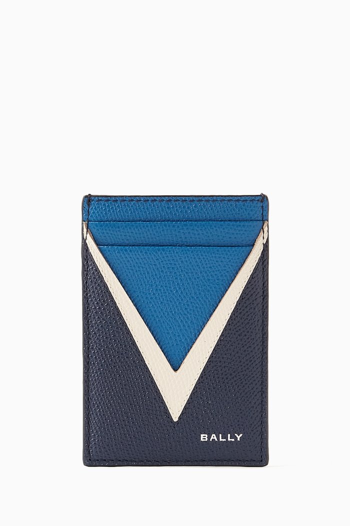 Flag Card Holder in Pebbled Leather, Blue