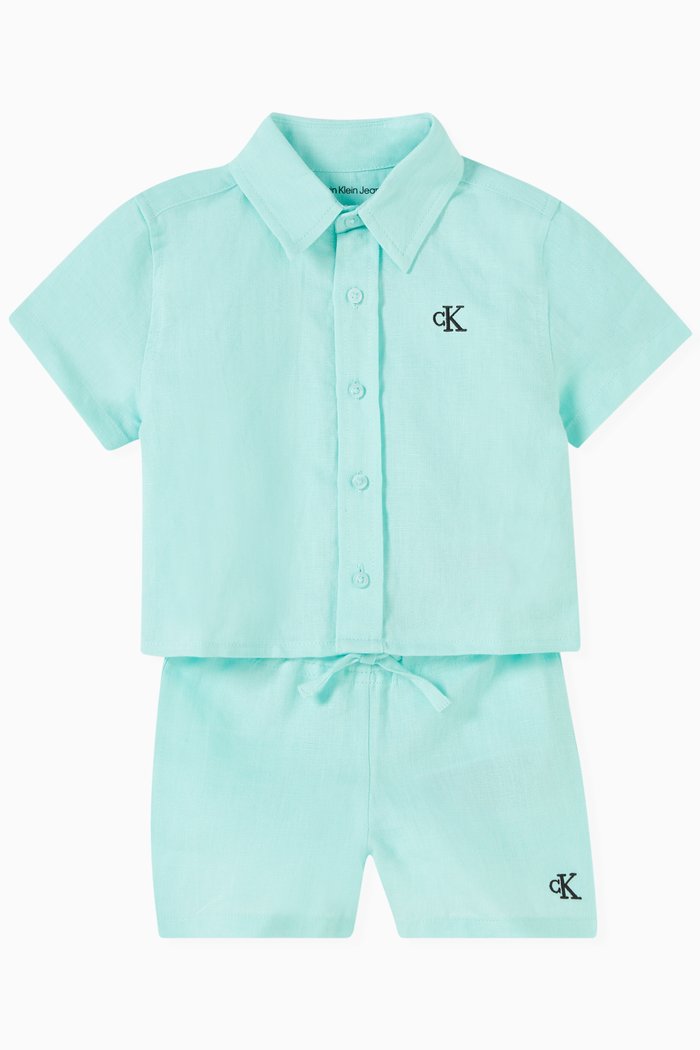 

Logo-embroidered Shirt & Shorts Set in Cotton-linen Blend, Blue