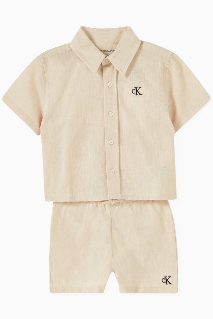 

Logo-embroidered Shirt & Shorts Set in Cotton-linen Blend, Neutral