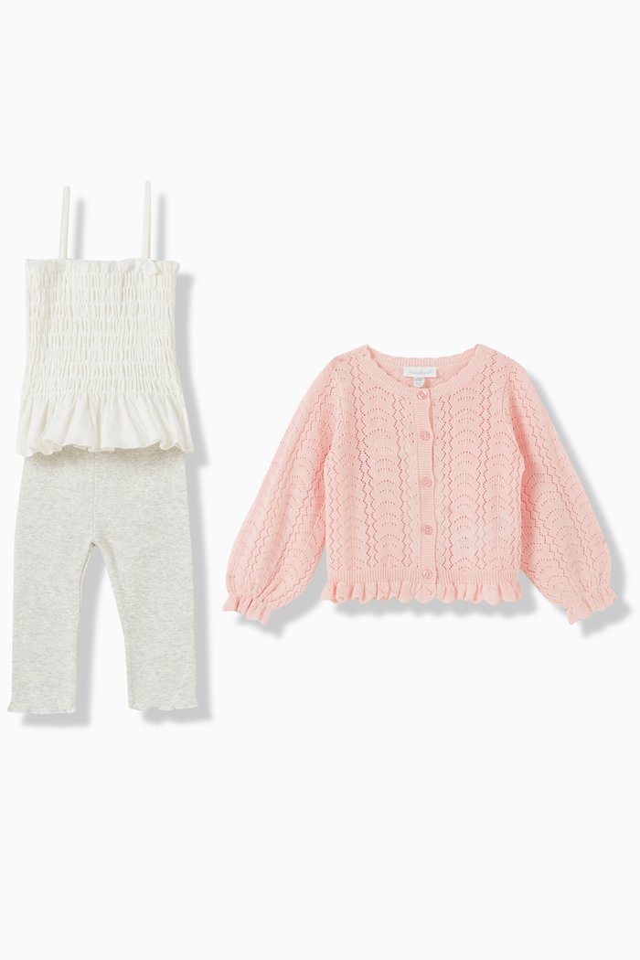 

Sweater Cardigan, Top and Leggings Set, Pink