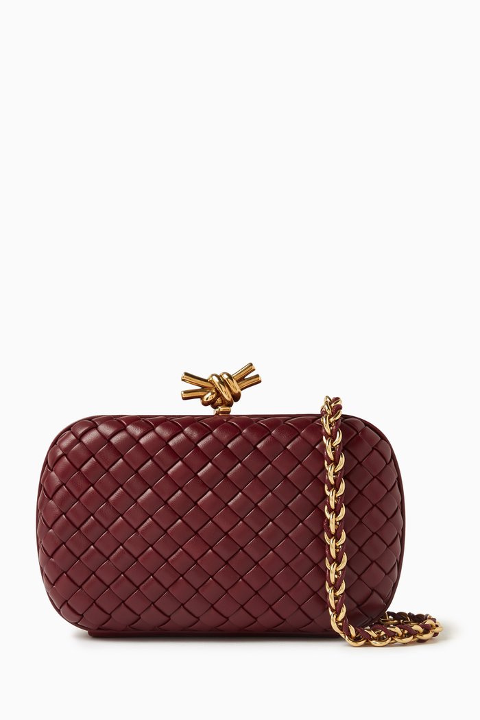 

Knot Minaudiere Clutch with Chain in Intreccio Calfskin, Burgundy