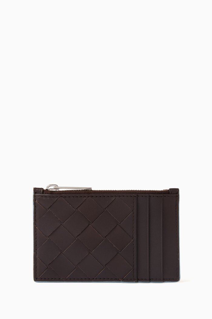 

Intrecciato Zippered Card Case in Calf Leather, Brown