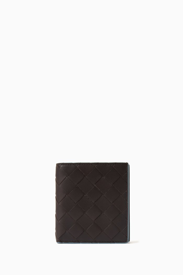 

Slim Bi-Fold Wallet in Intrecciato Calfskin Leather, Brown