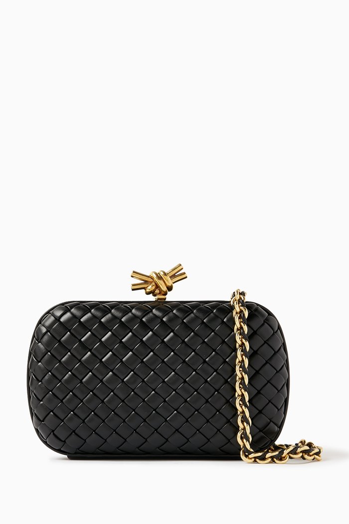 

Knot Minaudiere Clutch with Chain in Intreccio Calfskin, Black