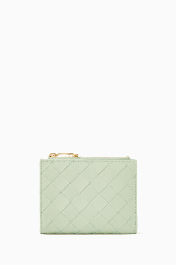 

Small Bi-fold Zip Wallet in Intrecciato Leather, Green