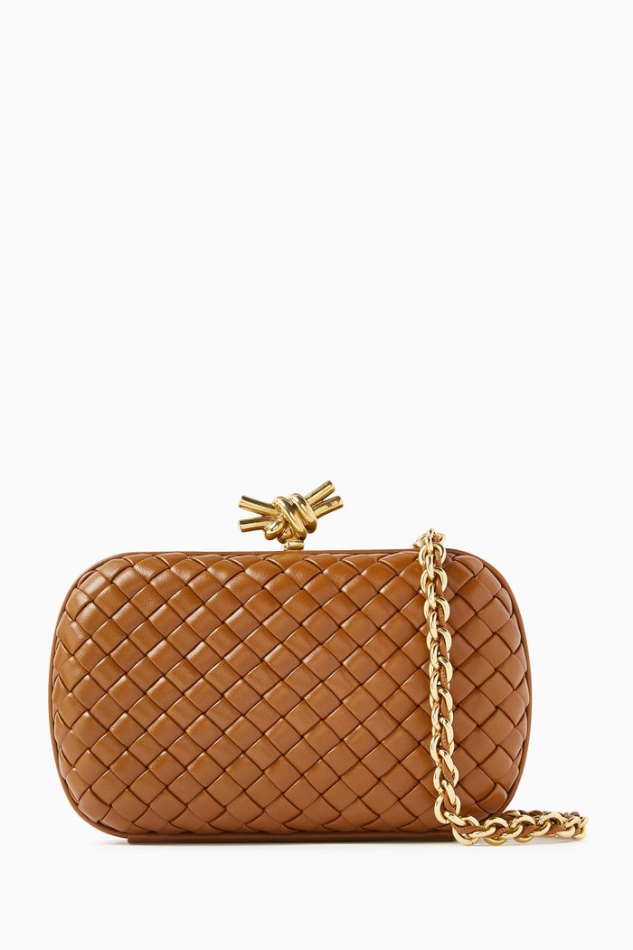 

Knot Minaudiere Clutch with Chain in Intreccio Calfskin, Brown