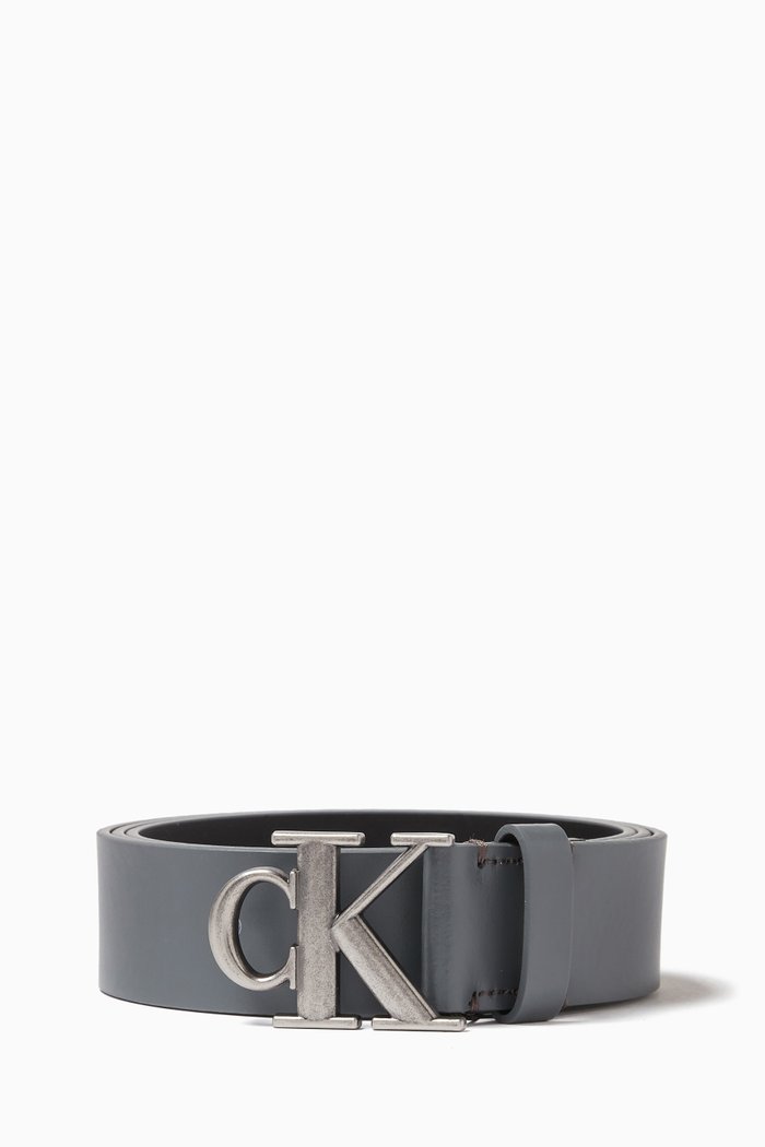 Logo Plaque Belt in Smooth-leather, Grey