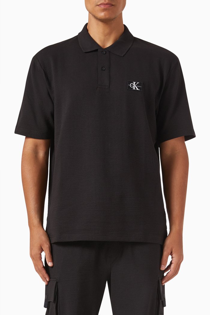 

Textured Polo Shirt in Cotton, Black