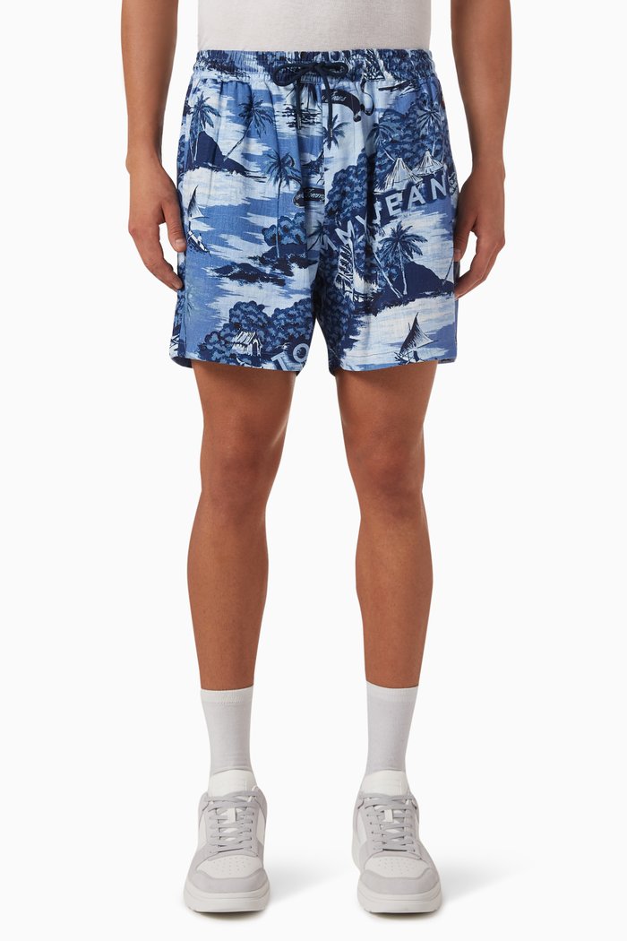 

Hawaiian Print Beach Shorts in EcoVero™ Viscose & Linen, Purple
