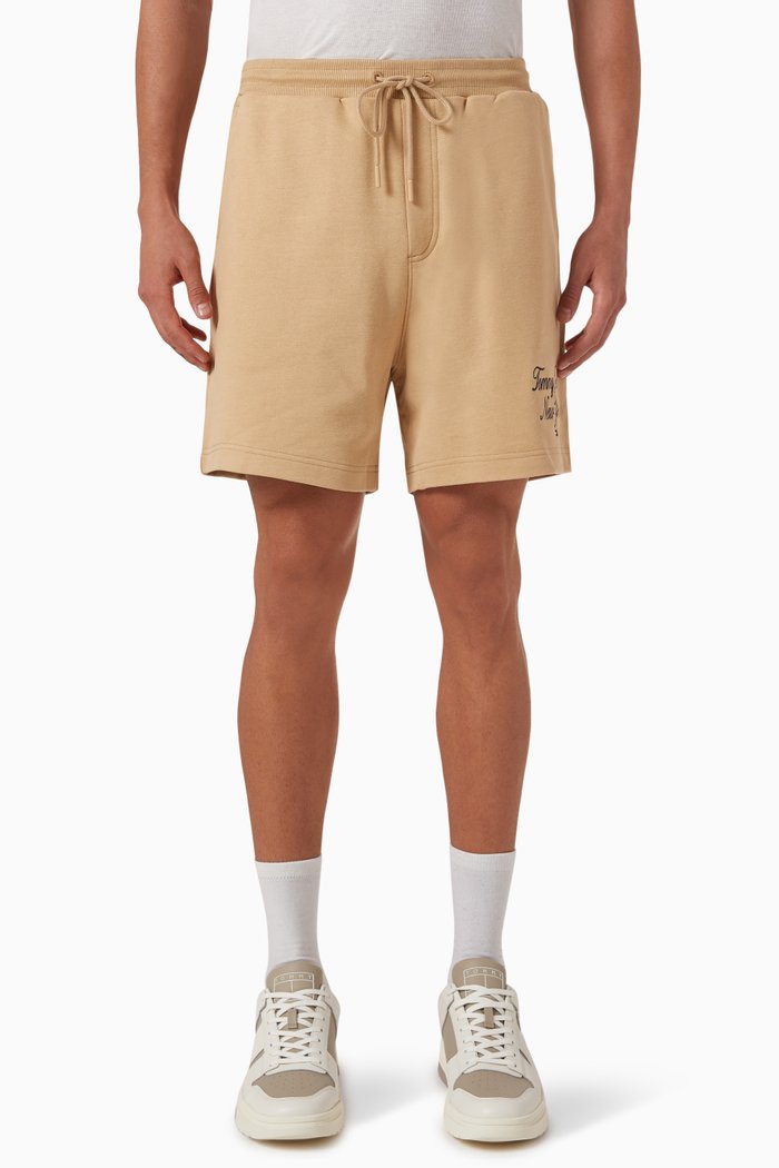 Prep Script Logo Beach Shorts in Cotton, Neutral