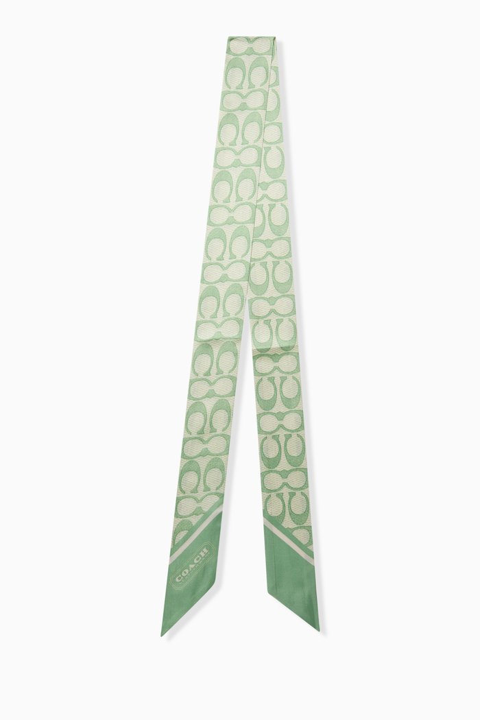 

Vintage Signature Print Skinny Scarf in Silk, Green