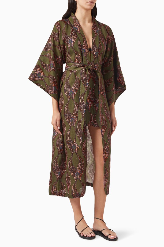 

Ravello Printed Kimono in Linen, Green