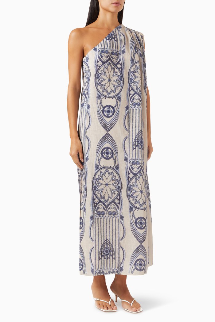 

Patmos One Shoulder Dress in Linen, Blue