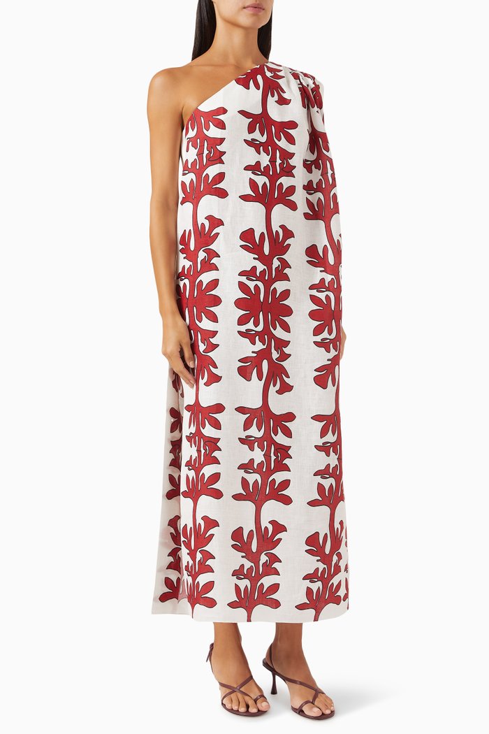 Tuscany One-shoulder Maxi Dress in Linen, Red