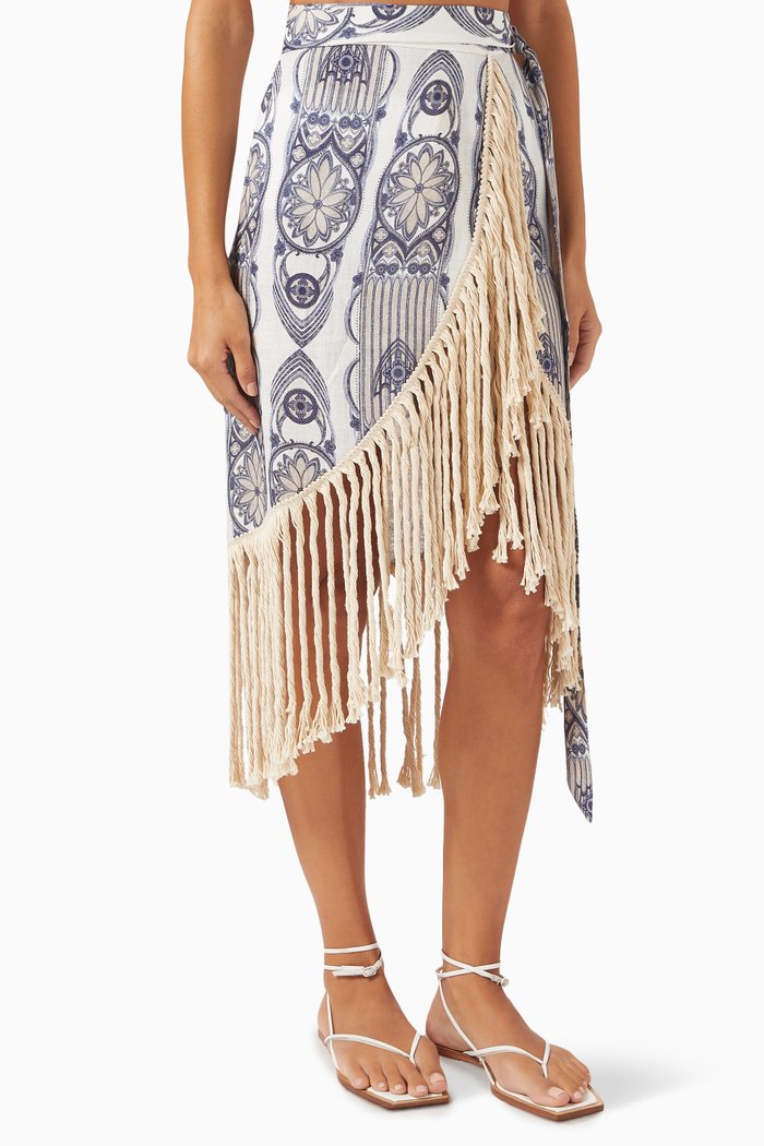

Patmos Fringed Midi Skirt in Linen, Blue