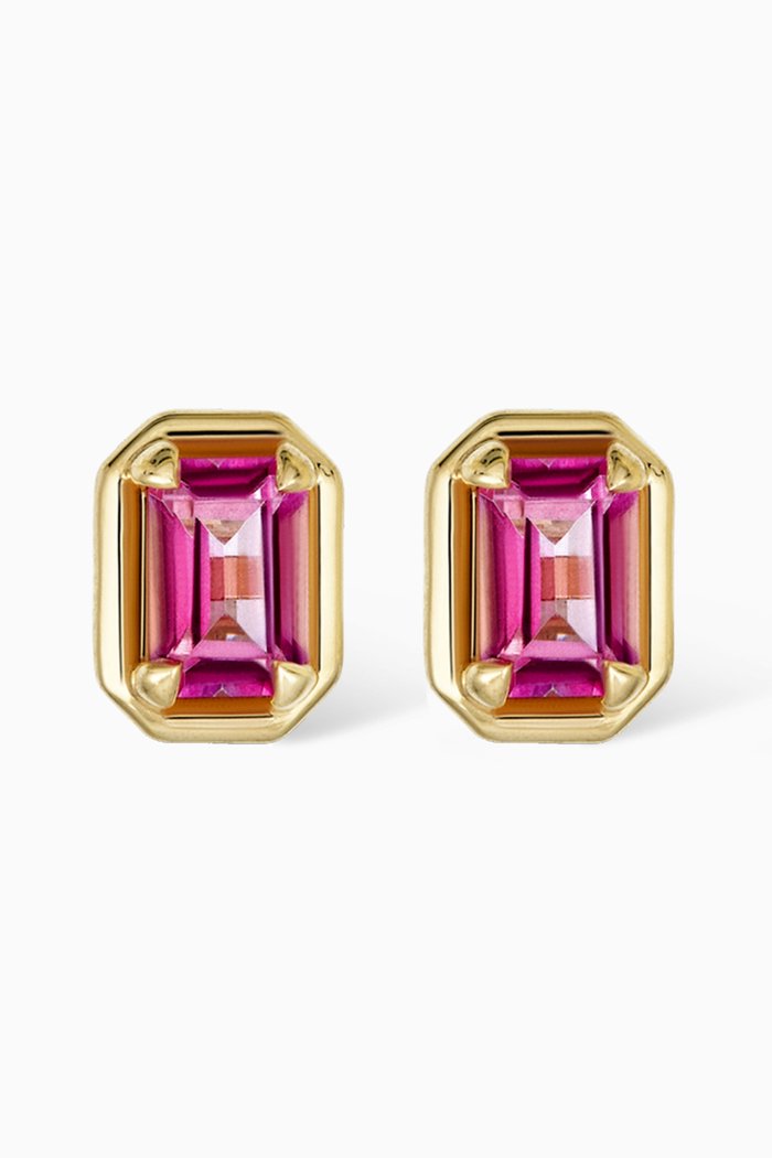 

Birthstone Pink Topaz Emerald Cut Bonbon Studs in 14kt Yellow Gold