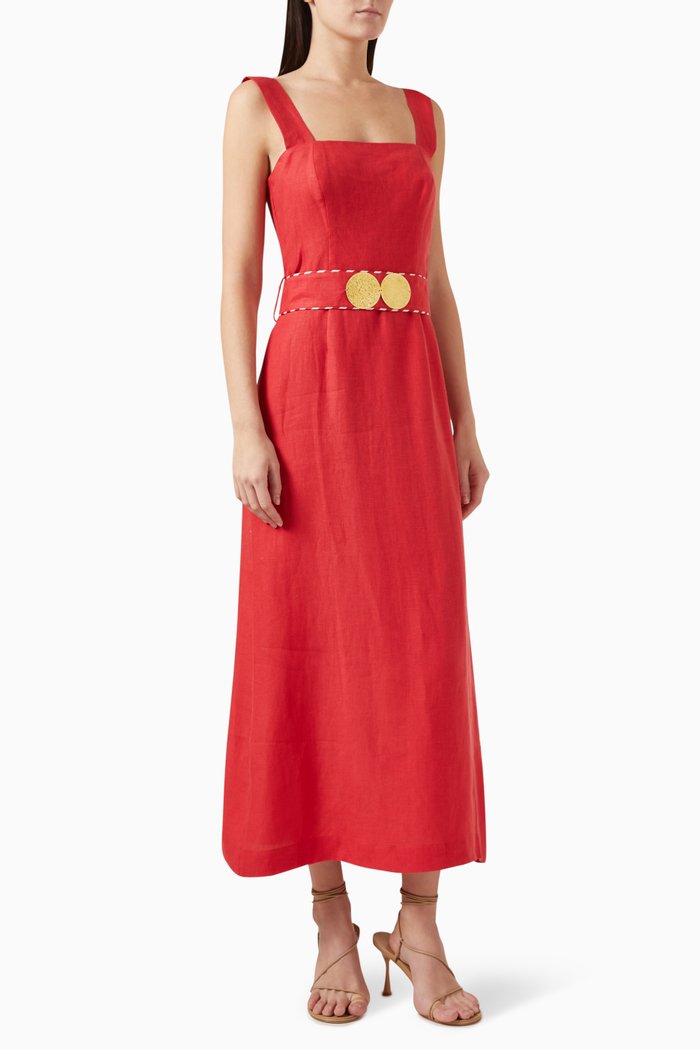 

Nonika Belted Maxi Dress in Linen, Red