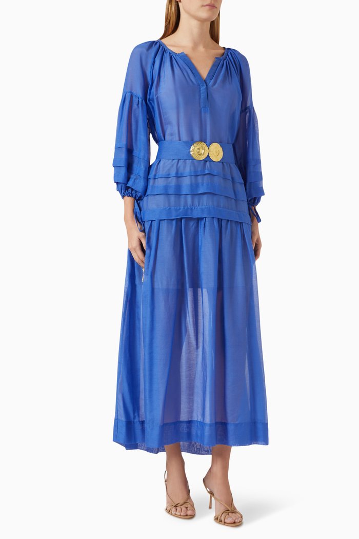 

Mykonos Belted Maxi Dress in Cotton Silk-blend, Blue