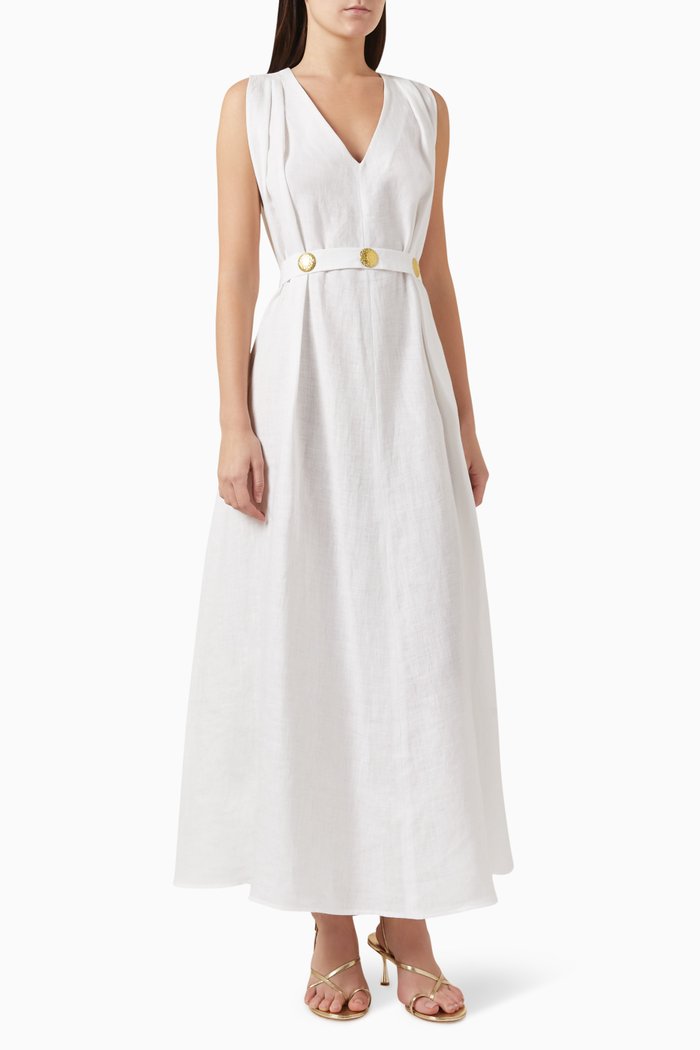 

Eleni Belted Maxi Dress in Linen, White