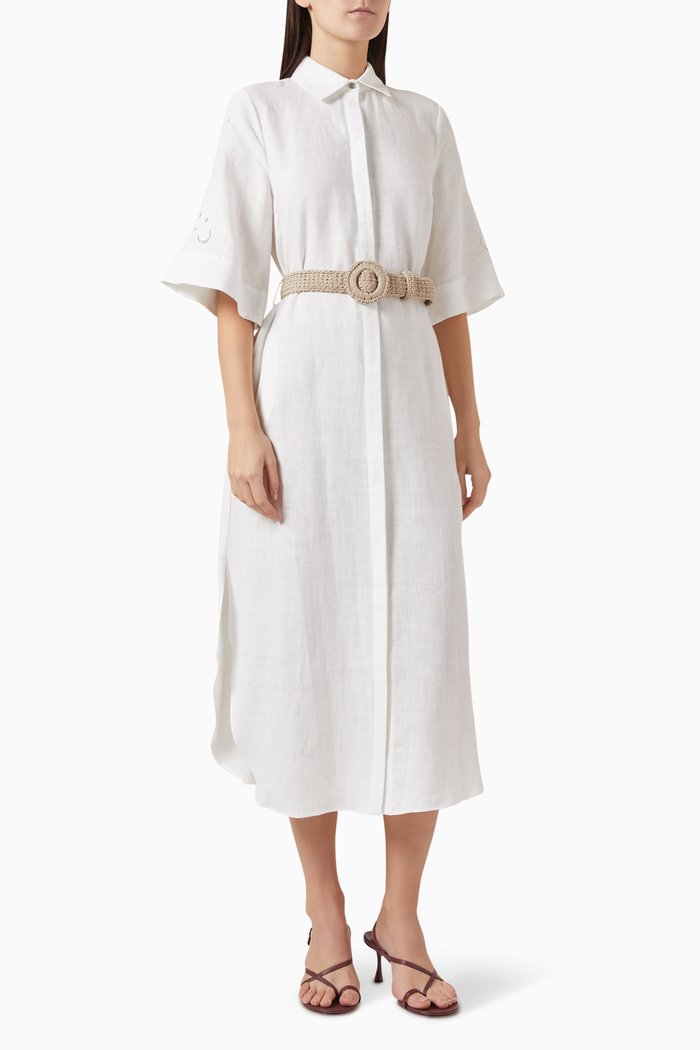

Anemomlyos Crochet Belt Shirt Midi Dress in Linen, White