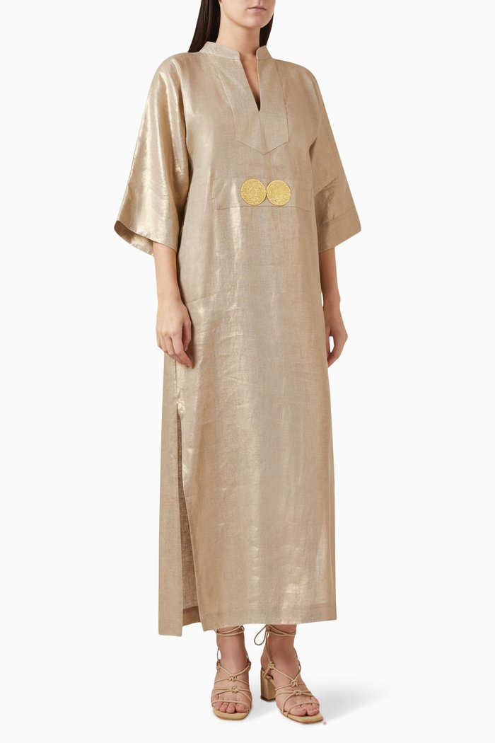 

Helios Belted Maxi Dress in Linen, Gold
