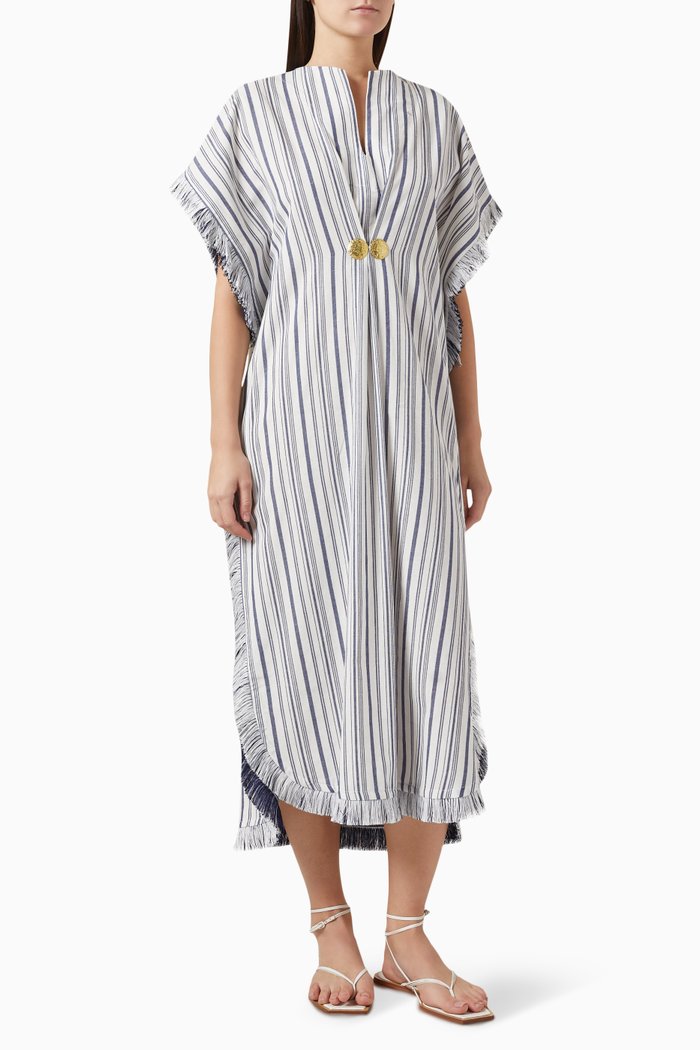 

Faros Striped Midi Kaftan in Linen, Blue