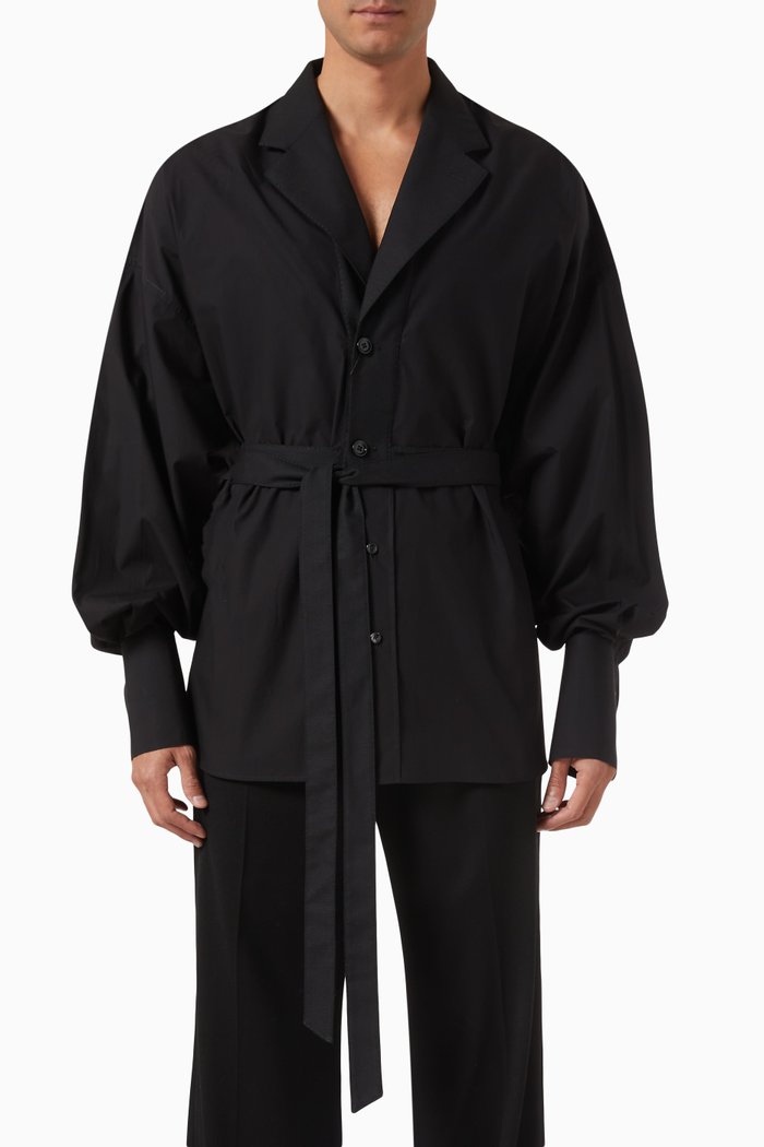 

Blouson-sleeve Shirt in Cotton Blend, Black