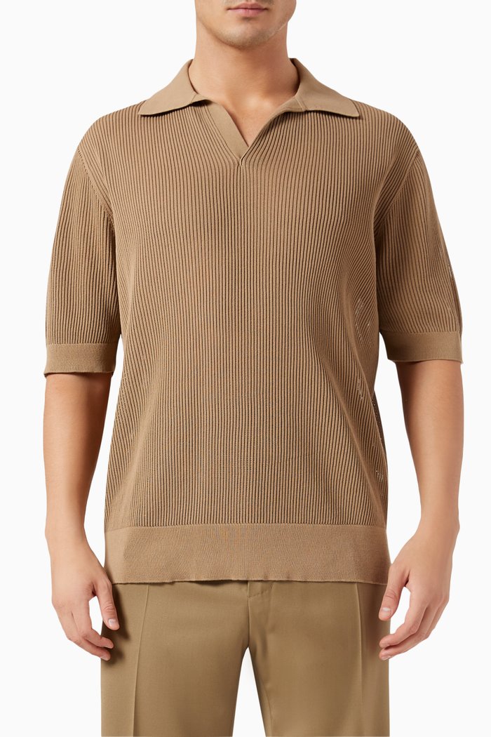 

Openwork Polo Shirt in Cotton Knit, Neutral
