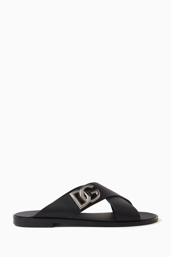 

Criss-cross Logo Sandals in Calfskin Leather, Black