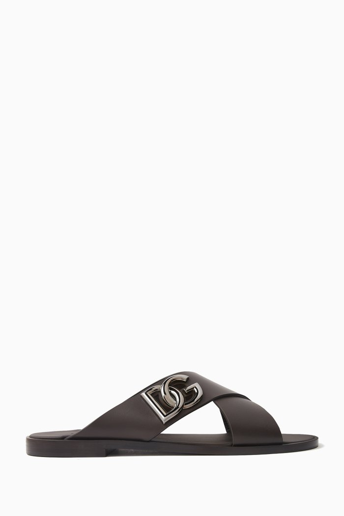 

Criss-cross Logo Sandals in Calfskin Leather, Brown