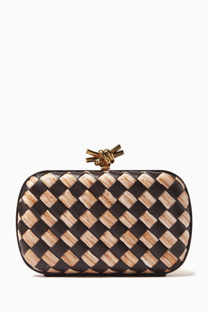 

Knot Minaudiere Clutch with Chain in Leather and Raffia, Brown