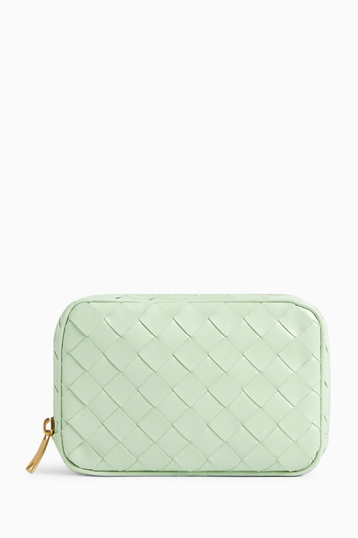 

Small Zip Pouch in Intrecciato Leather, Green