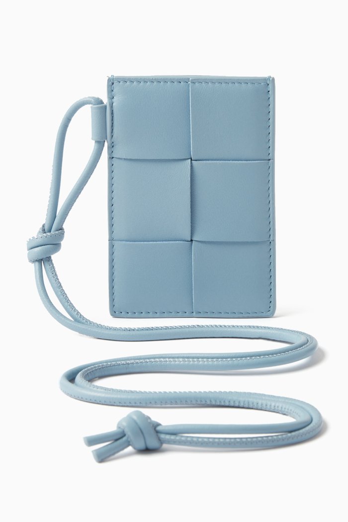 

Cassette Badge Holder in Intreccio Leather, Blue