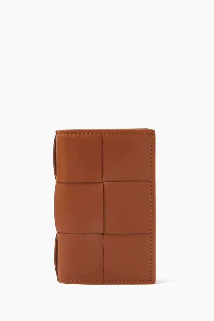 

Cassette Flap Card Case in Intrecciato Leather, Brown