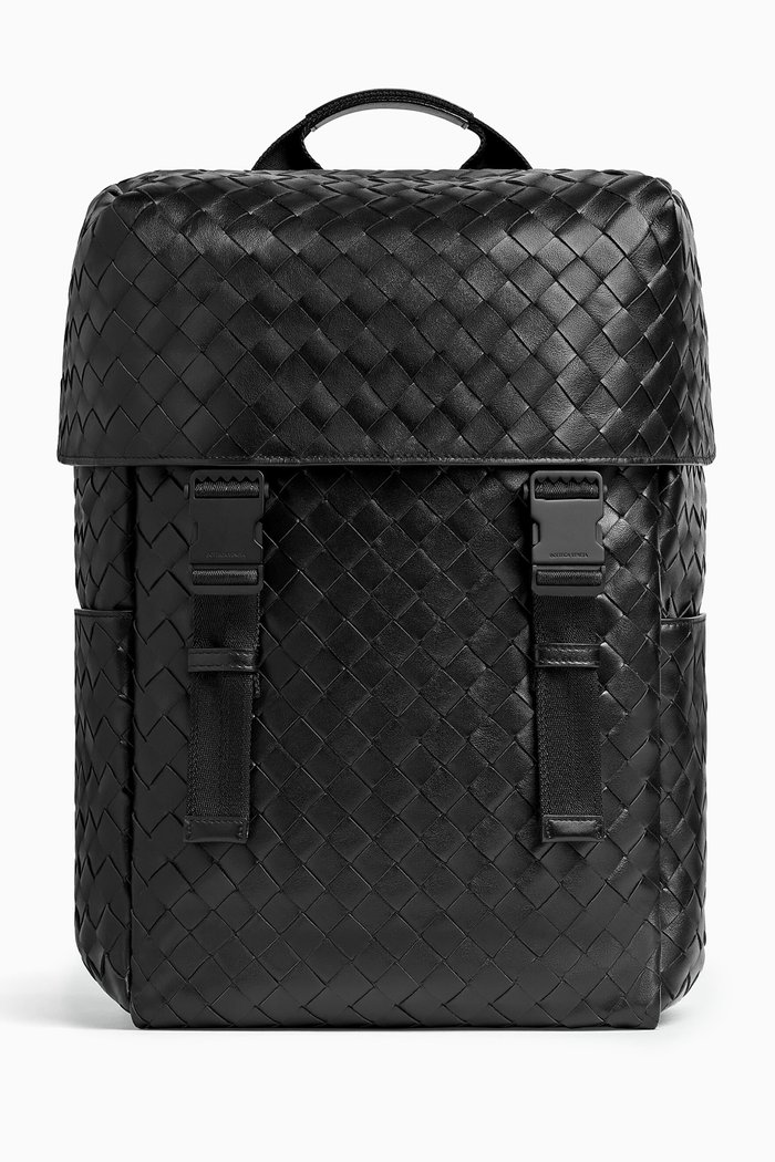 

Flap Backpack in Intrecciato Leather, Black